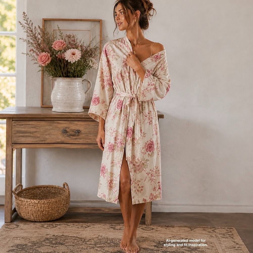 Vintage 90s Floral Cotton Kimono Robe Cottagecore Wrap Duster Mas d’Ouvan Paris